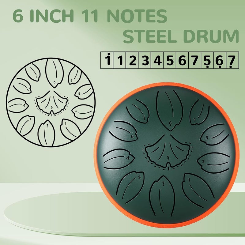 TUOKING Steel Tongue Drum 6 Inch 11 Notes C Key Rain Drum for Adults and Beginners, Handpan Drum Sound Healing Musical Instrument Gift for Meditation, Yoga, Music Lovers(Green) - Image 2